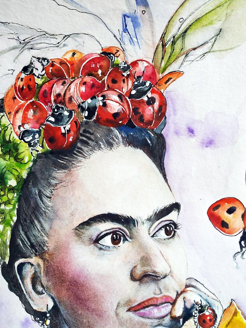 DIGITAL Frida Kahlo portrait, Frida with ladybugs, 6*7,4 in (15.2 cm on 18.7 cm) - 插画/绘画/写字 - 其他材质 