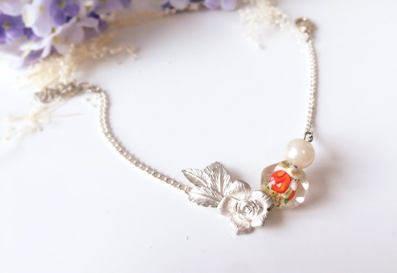 【MOONACY】夏日的玫瑰花配橙红玻璃珠手链 - 手链/手环 - 宝石 