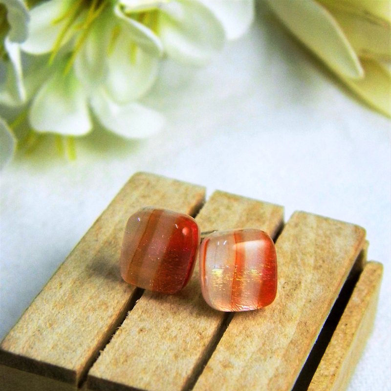 珠宝琉璃方块耳环- 珠光大理石纹 B款 - 耳环/耳夹 - 玻璃 红色