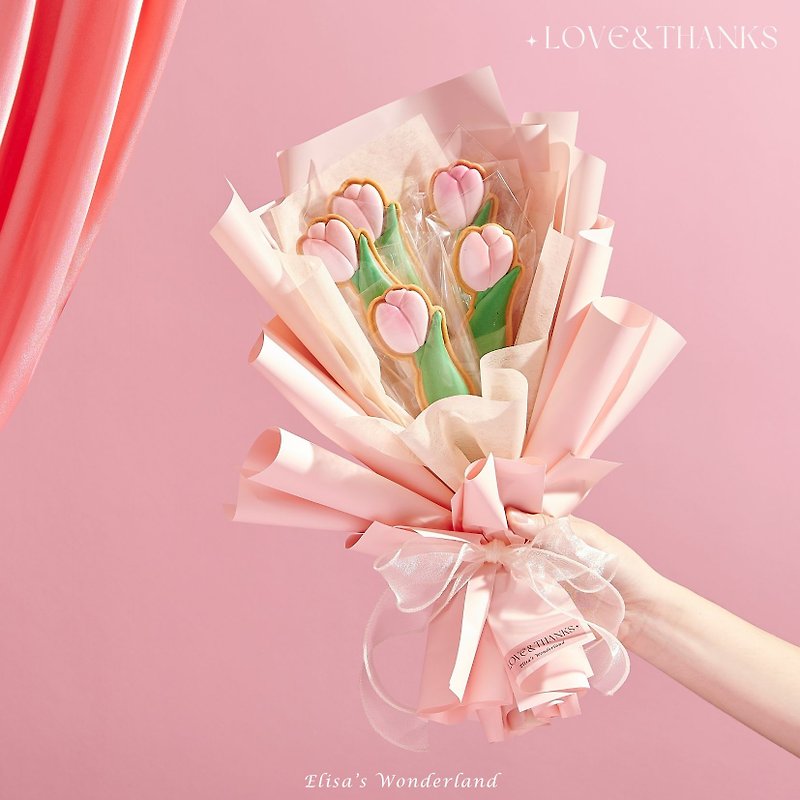 【LOVE&THANKS】浪漫限定糖霜饼干花束 - 手工饼干 - 新鲜食材 粉红色