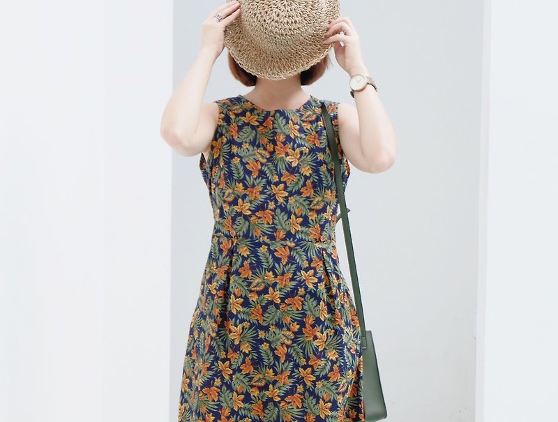 Sunny-Wendy Dress : Flora Printed - 洋装/连衣裙 - 棉．麻 蓝色
