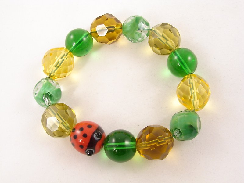 瓢虫瓢虫红黄绿玻璃大串珠弹性手链首饰 - 手链/手环 - 玻璃 绿色