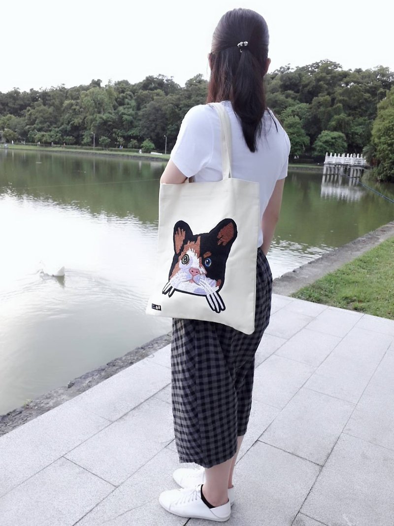 猫帆布袋手提肩背包(米白色) - 侧背包/斜挎包 - 棉．麻 白色