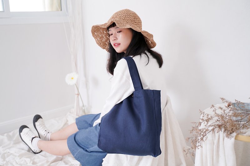 Casual Linen Tote Bag (Navi Blue) - 手提包/手提袋 - 亚麻 蓝色