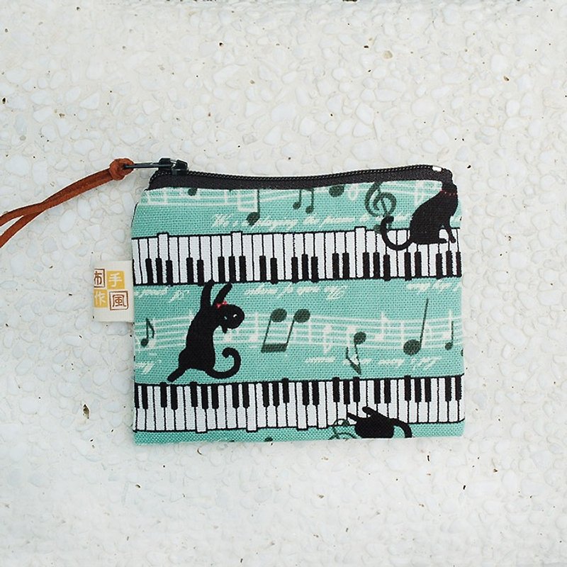 钢琴黑猫扁型零钱袋_绿 - 零钱包 - 棉．麻 绿色