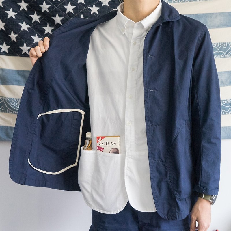 日系小圆领夹克外套男 法式工作便服 Navy Chore Jacket - 男装外套 - 棉．麻 蓝色