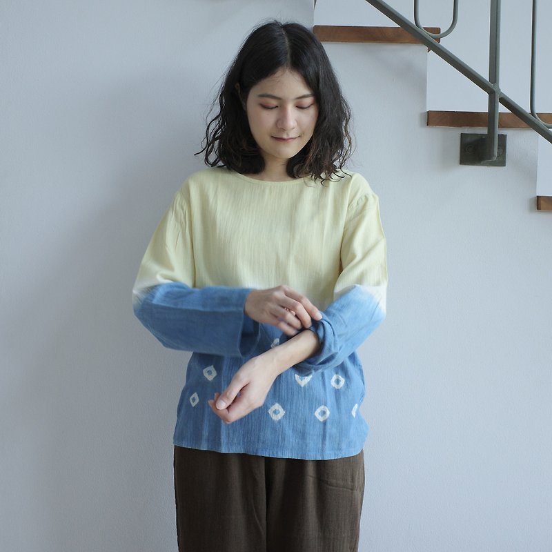indigo dot x yellow long-sleeve shirt / M size / 100% cotton - 女装上衣 - 棉．麻 蓝色