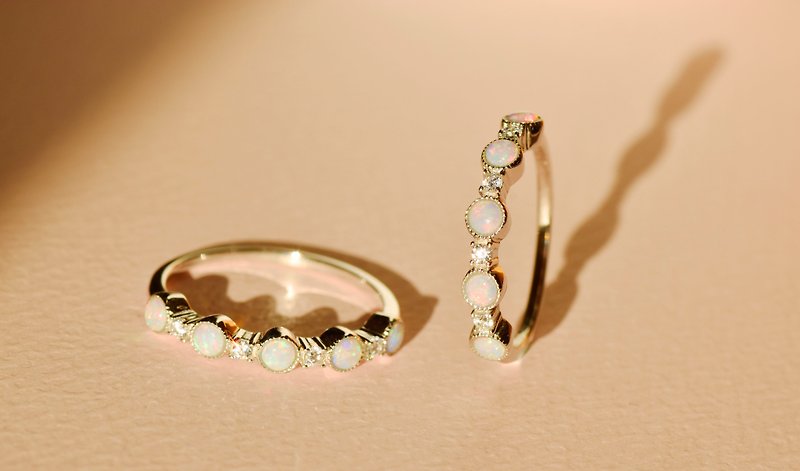 奶蛋白石相连戒指 - 925纯银 - 锆石 - 欧泊 - 戒指 - 宝石 