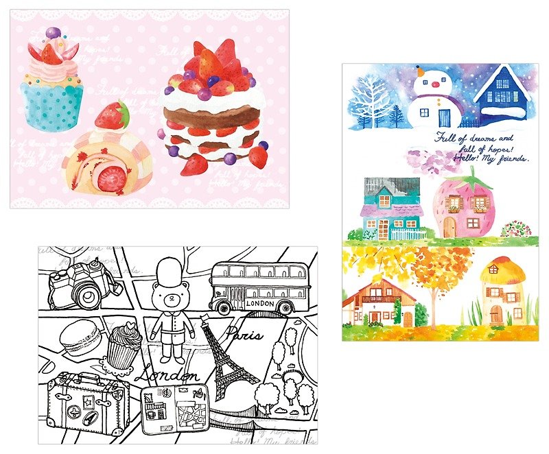 草莓蛋糕 四季小屋 欧洲旅行插画明信片套组(3张一组) - 卡片/明信片 - 纸 多色