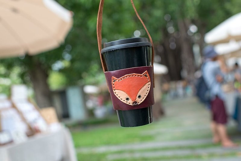 狐狸紫色 咖啡饮料环保纯牛皮杯套 随行杯 提袋 (情人、生日送礼) - 随行杯提袋/水壶袋 - 真皮 紫色