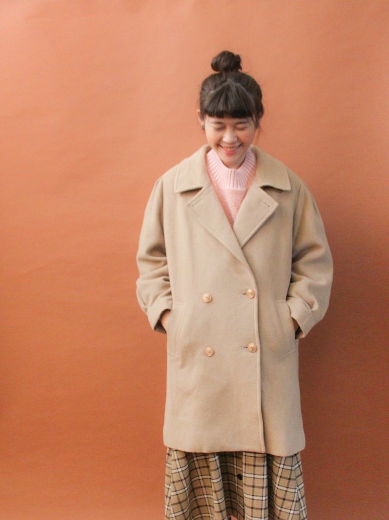 复古日本制秋冬宽松茧形翻领浅驼色羊毛尼古着大衣外套 - 女装休闲/机能外套 - 聚酯纤维 橘色