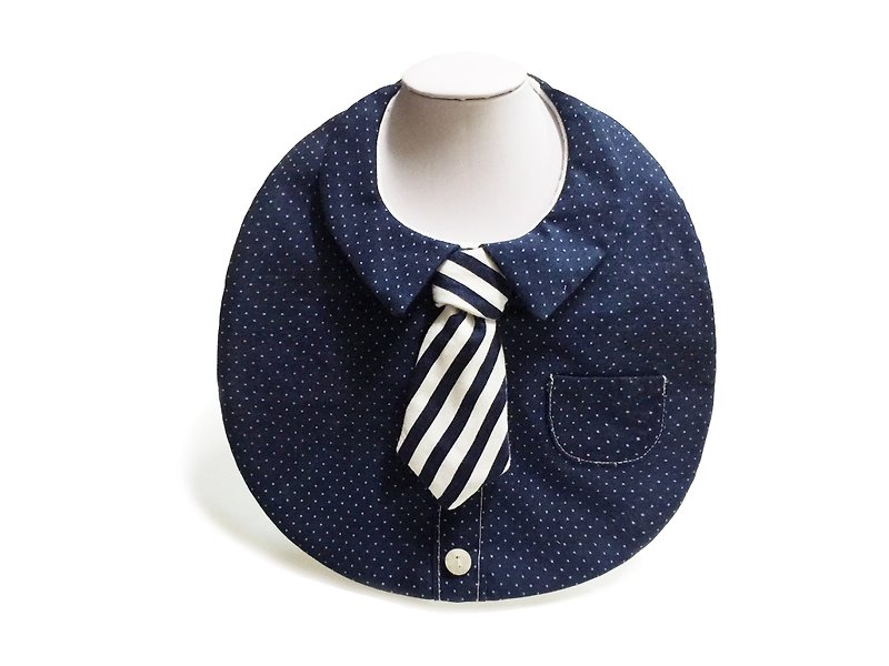 绅士造型围兜兜-深蓝白玉衬衫+领带 - 围嘴/口水巾 - 棉．麻 多色