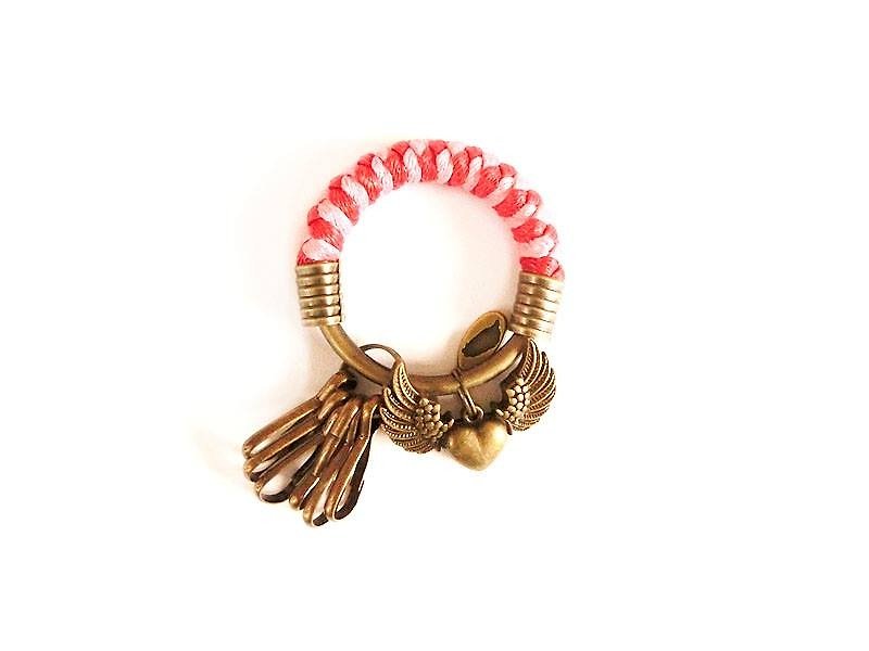 【UNA-优娜手作】 钥匙圈(小)5.3CM 红色＋粉红+爱心翅膀 手工 编织 腊绳 铁环 定制化 - 钥匙链/钥匙包 - 其他金属 红色