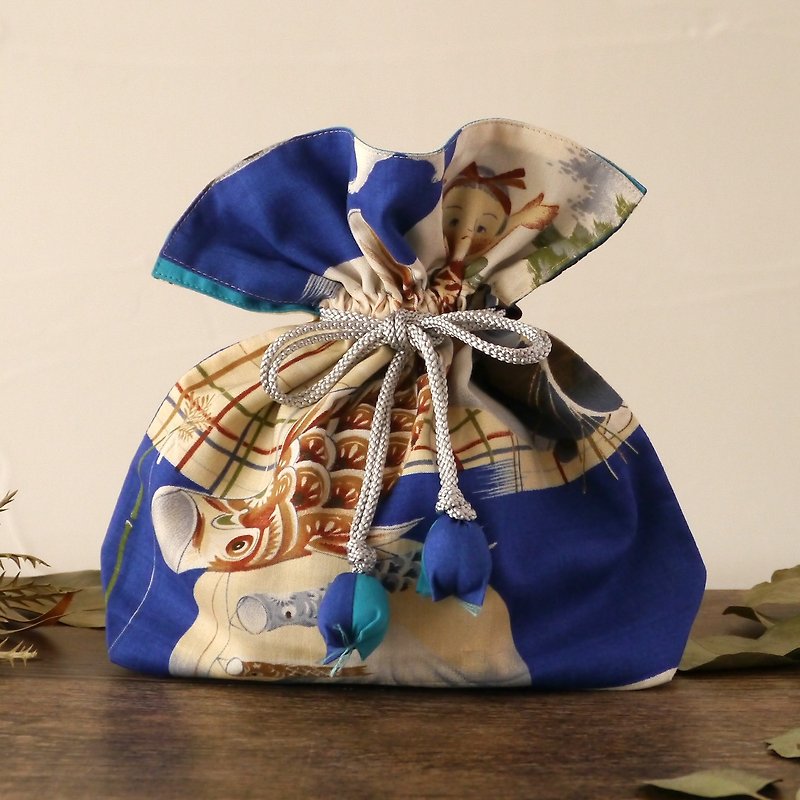 アンティーク　金太郎と鯉のぼり　幸せ巾着　FUGURO　中サイズ - 化妆包/杂物包 - 棉．麻 蓝色