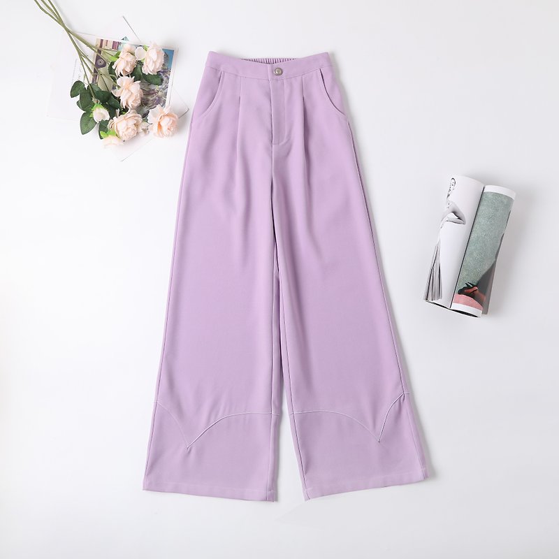 亮色拼接宽腿裤| 粉紫色| 微弹 - 女装长裤 - 聚酯纤维 粉红色