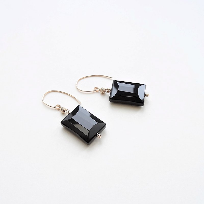 Art Deco 黑玛瑙 长方切割 14Kgf 包金耳环 几何份量感 - 耳环/耳夹 - 半宝石 黑色