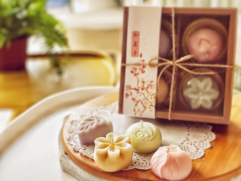 日式和菓子香氛蜡烛礼盒四入 - 香薰/精油/线香 - 蜡 粉红色