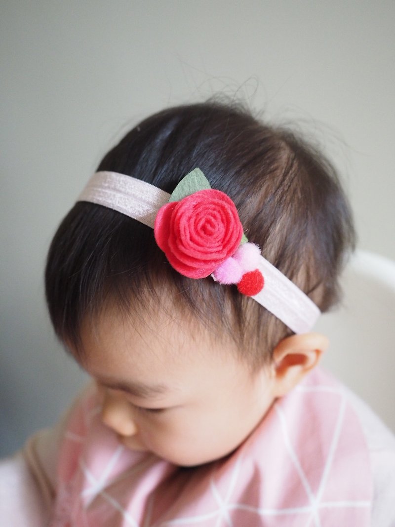 婴儿女孩羊毛毡红色小花弹性发带  适合百日宴弥月拍摄 - 婴儿帽/发带 - 羊毛 红色