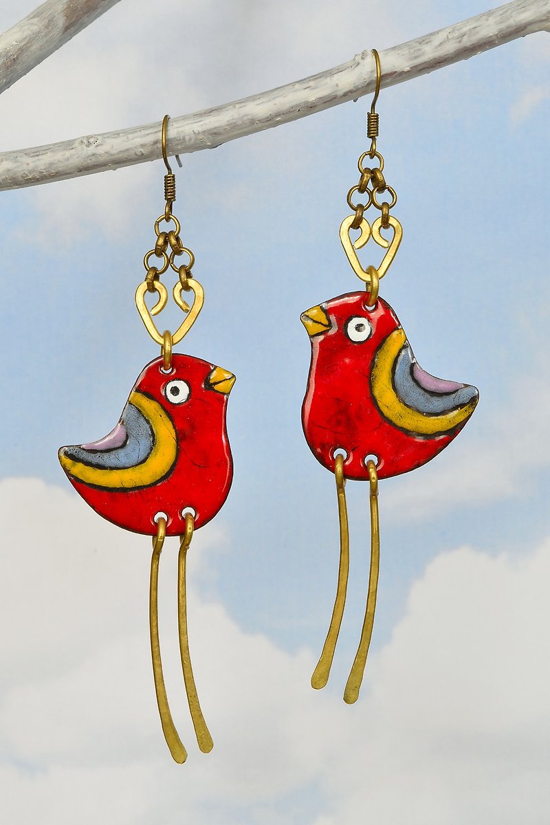 Enamel Earrings, Enamel Jewelry, Red Bird Earrings, Robin, Bird Earrings, - 耳环/耳夹 - 珐琅 红色