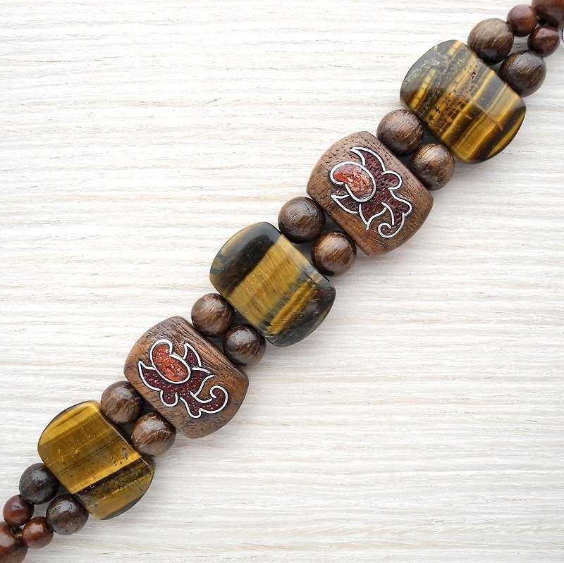 Wooden bracelet with tiger-eye and coral - 手链/手环 - 木头 咖啡色