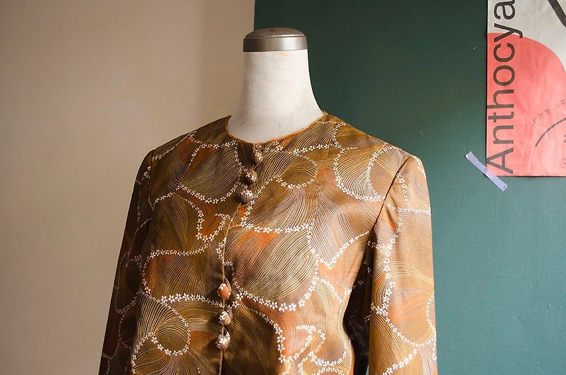 古铜棕金兰花线条圆领上海手工古董旗袍外套 | vintage莞洱古着 - 女装休闲/机能外套 - 丝．绢 