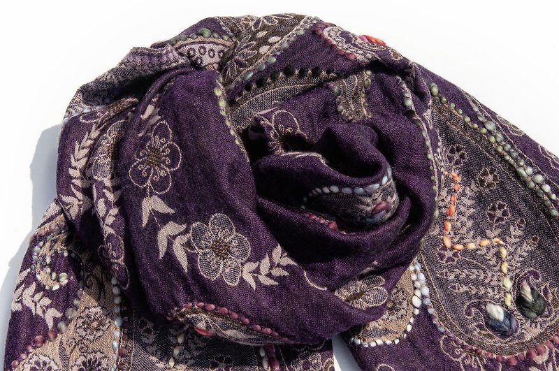 喀什米尔Cashmere/刺绣围巾/水煮羊毛披肩/针织围巾/羊绒披巾-花 - 围巾/披肩 - 羊毛 紫色
