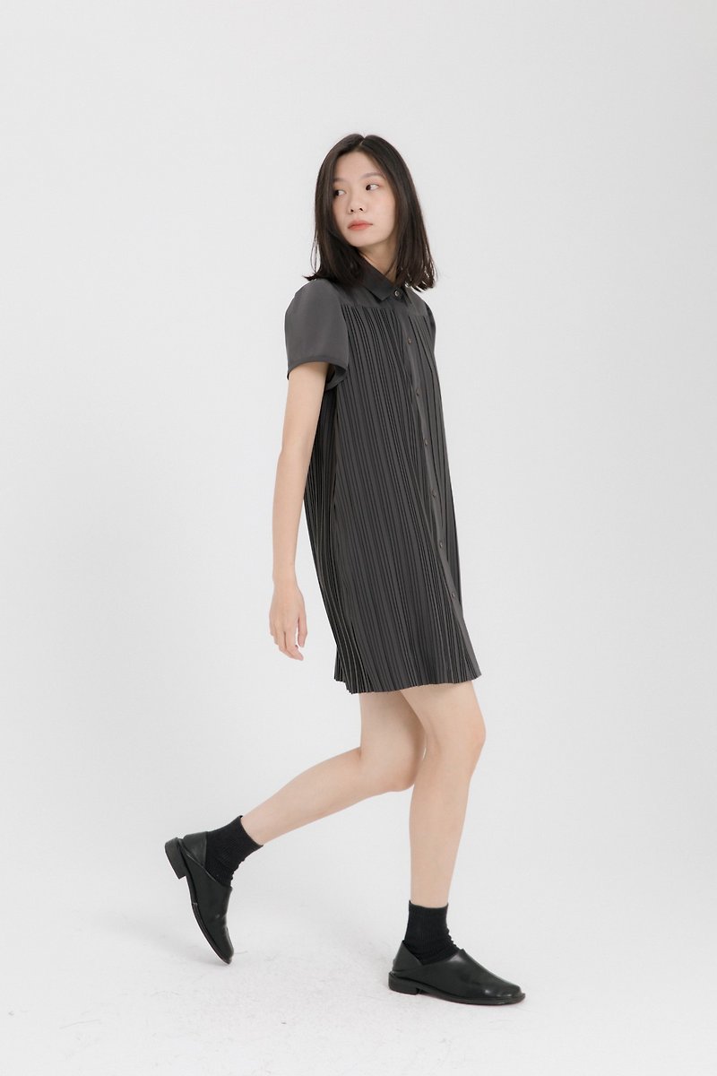 黑灰色 褶皱設計 衬衫式洋裝 显瘦設計感连衣裙 - 洋装/连衣裙 - 聚酯纤维 