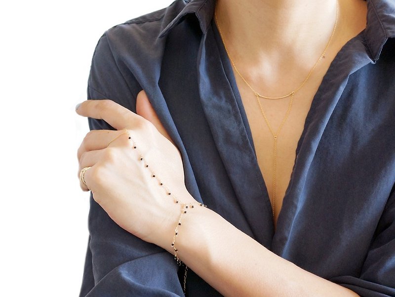 【Monica】14KGF Ring Bracelet,Tiny Swarovski - 手链/手环 - 玻璃 金色