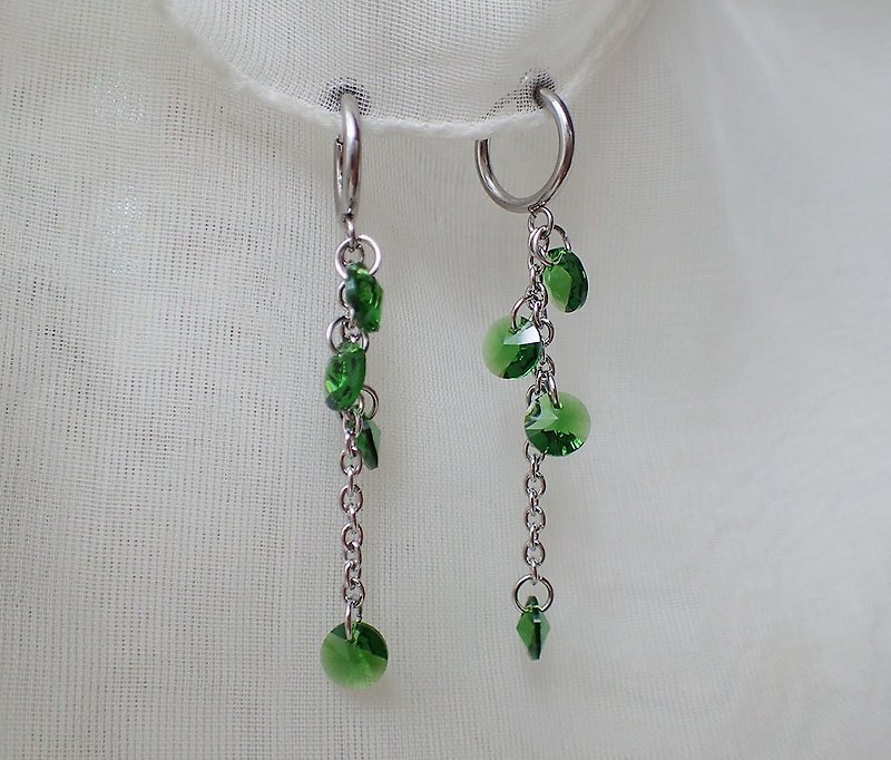 圆点点, 施华洛世奇元素 & 不锈钢 耳夹 耳环 (一对) - 耳环/耳夹 - 玻璃 绿色