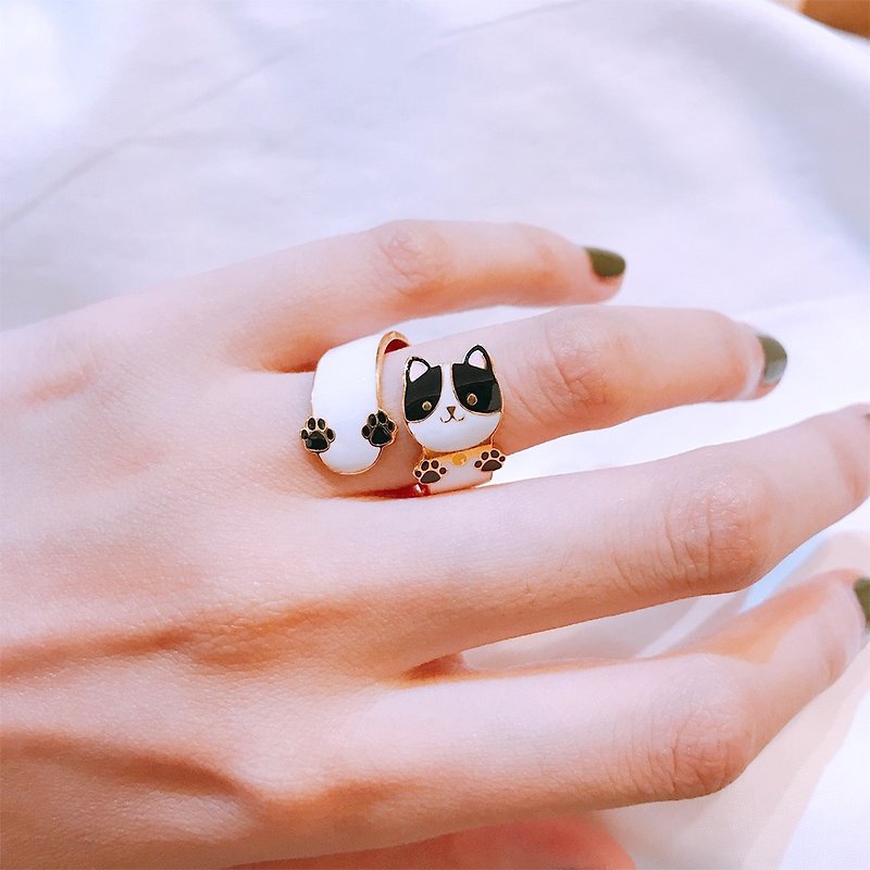 福气猫咪 | 绕指戒指 - 戒指 - 珐琅 白色