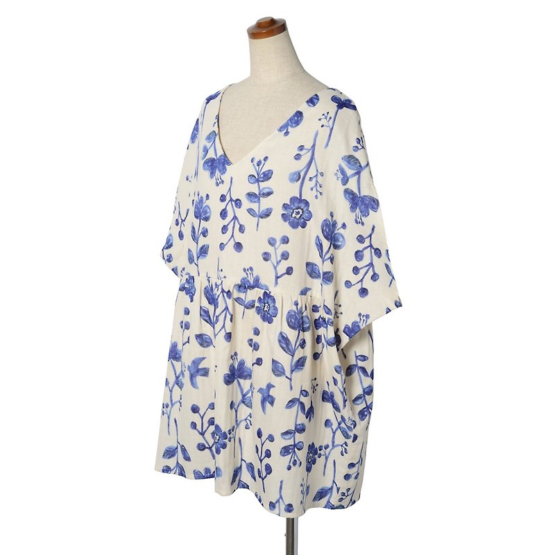 花と鳥のチュニックワンピース　ダブルガーゼ　スカイブルー - 洋装/连衣裙 - 棉．麻 蓝色