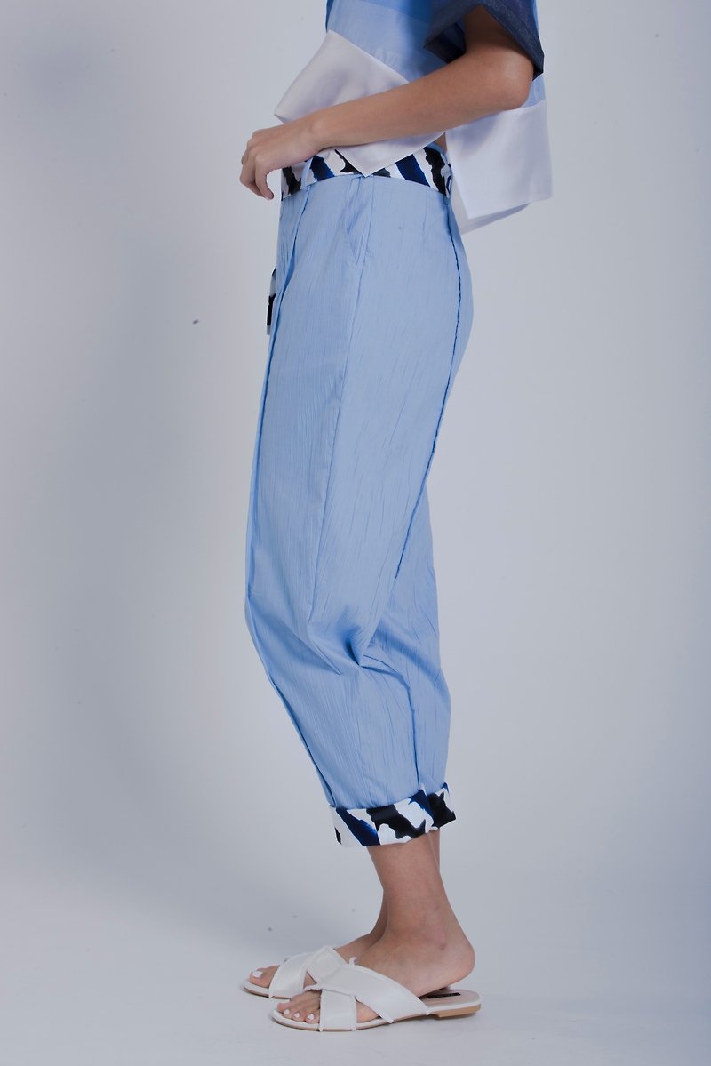 反折长裤(含腰带)-浅蓝 - 女装长裤 - 其他材质 蓝色