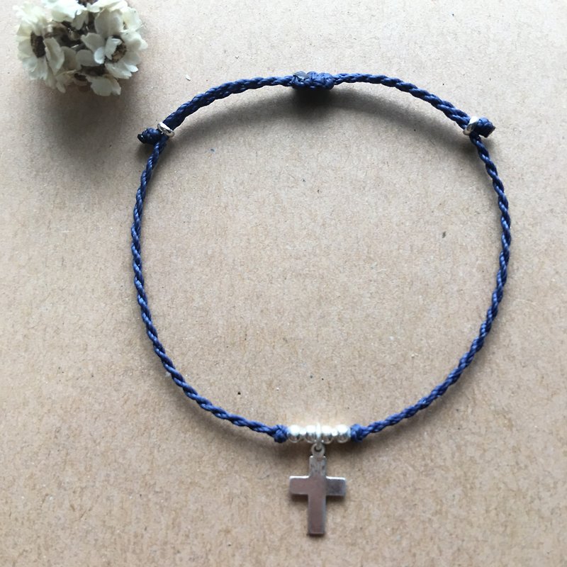 十字架~细手链 巴西蜡线 纯银编织手链 925 silver bracelet脚链 - 手链/手环 - 其他金属 蓝色