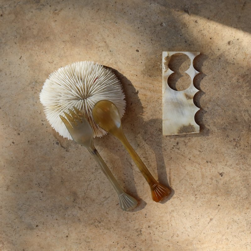 水牛角贝壳形汤匙叉套装 - 餐刀/叉/匙组合 - 环保材料 咖啡色