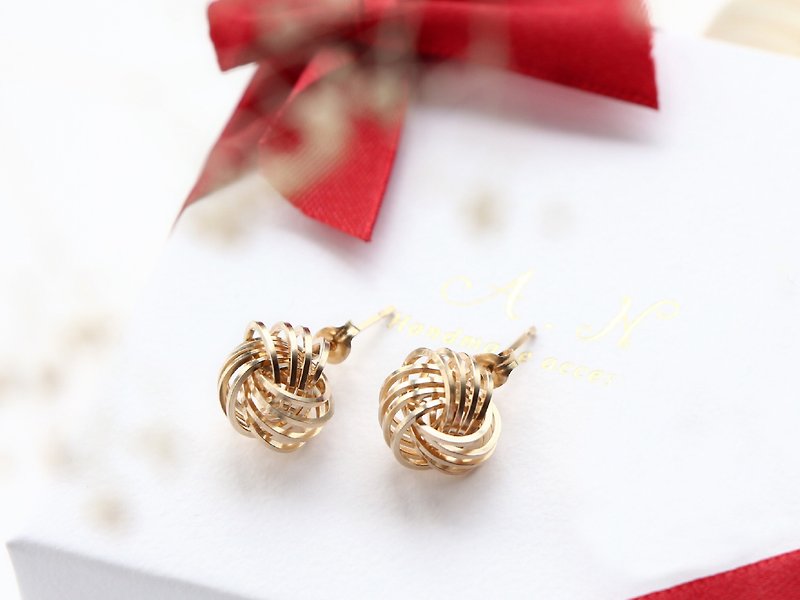 14kgf-three knot pierced earrings - 耳环/耳夹 - 宝石 金色