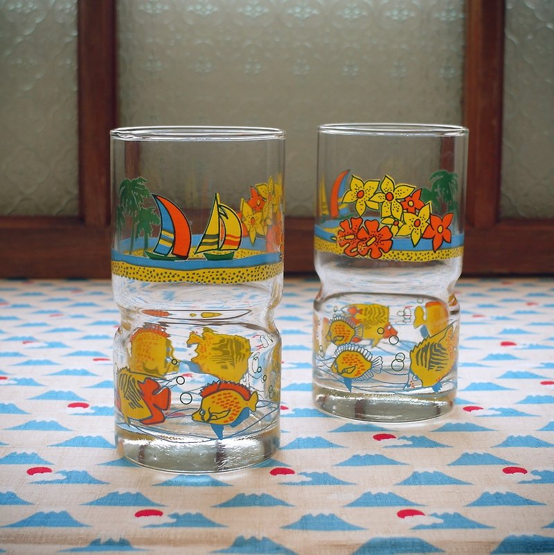 早期印花水杯-热带岛屿 (餐具/旧货/老物/玻璃/鱼/海洋) - 茶具/茶杯 - 玻璃 多色
