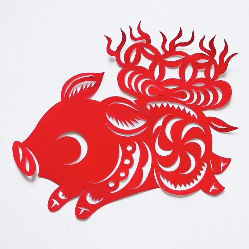 切り紙  えと　い　十二个生肖　猪 - 海报/装饰画/版画 - 纸 红色