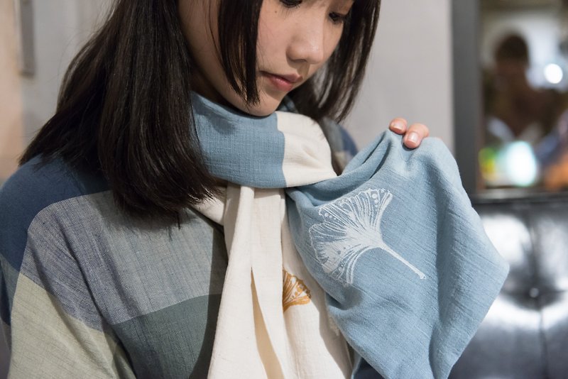 【银杏】手感棉麻围巾系列 - 围巾/披肩 - 棉．麻 蓝色