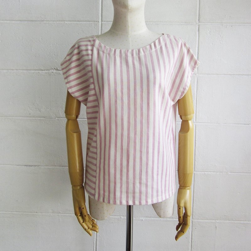 Striped Short Sleeve Blouses Botanical Dyed Cotton Pink Color - 女装上衣 - 棉．麻 粉红色