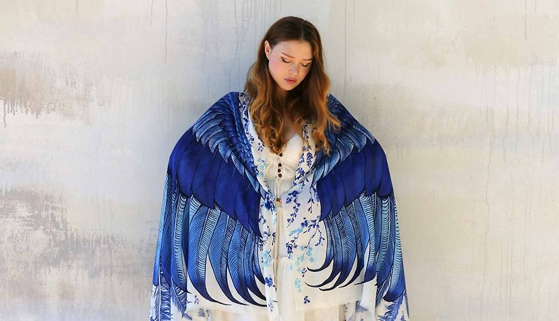 Blue Wings Shawl - 丝巾 - 棉．麻 蓝色