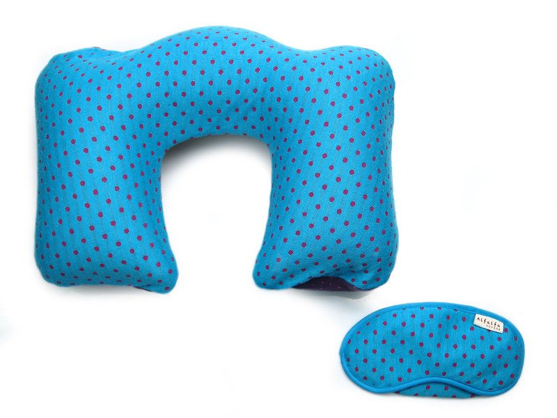 波点充气可拆洗颈枕 + 甜睡眼罩套装 - 天蓝色 - 枕头/抱枕 - 棉．麻 蓝色