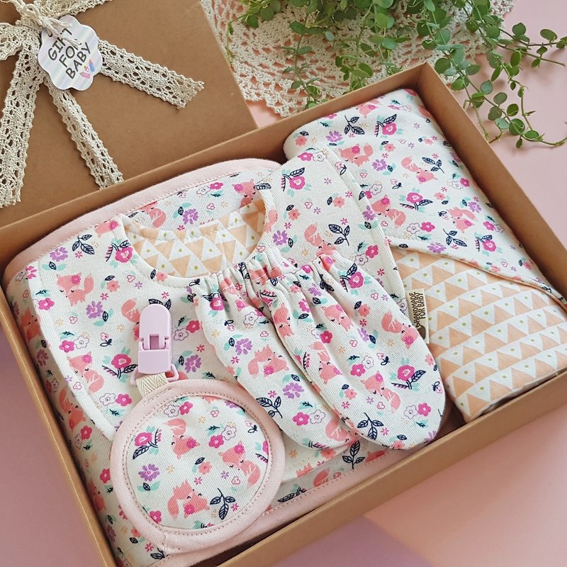 弥月礼物五件组 粉嫩狐狸针织棉柔软舒适 最实用品项独家设计制作 - 满月礼盒 - 棉．麻 粉红色