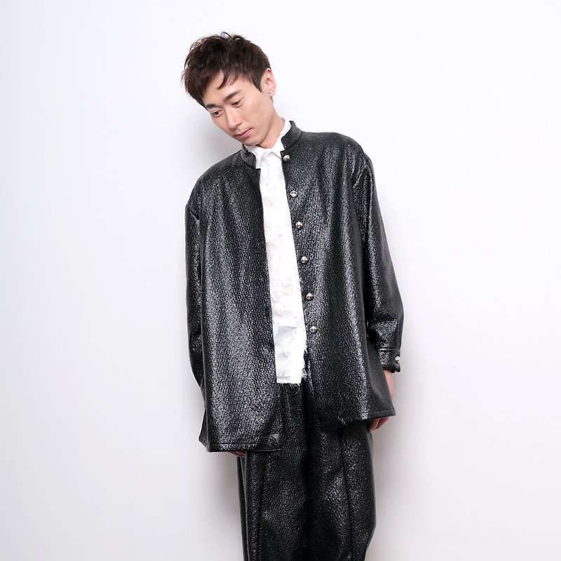 TIMBEE LO黑色PU覆膜织格羊绒面料大衣外套 香港设计师品牌可订制 - 男装外套 - 羊毛 黑色
