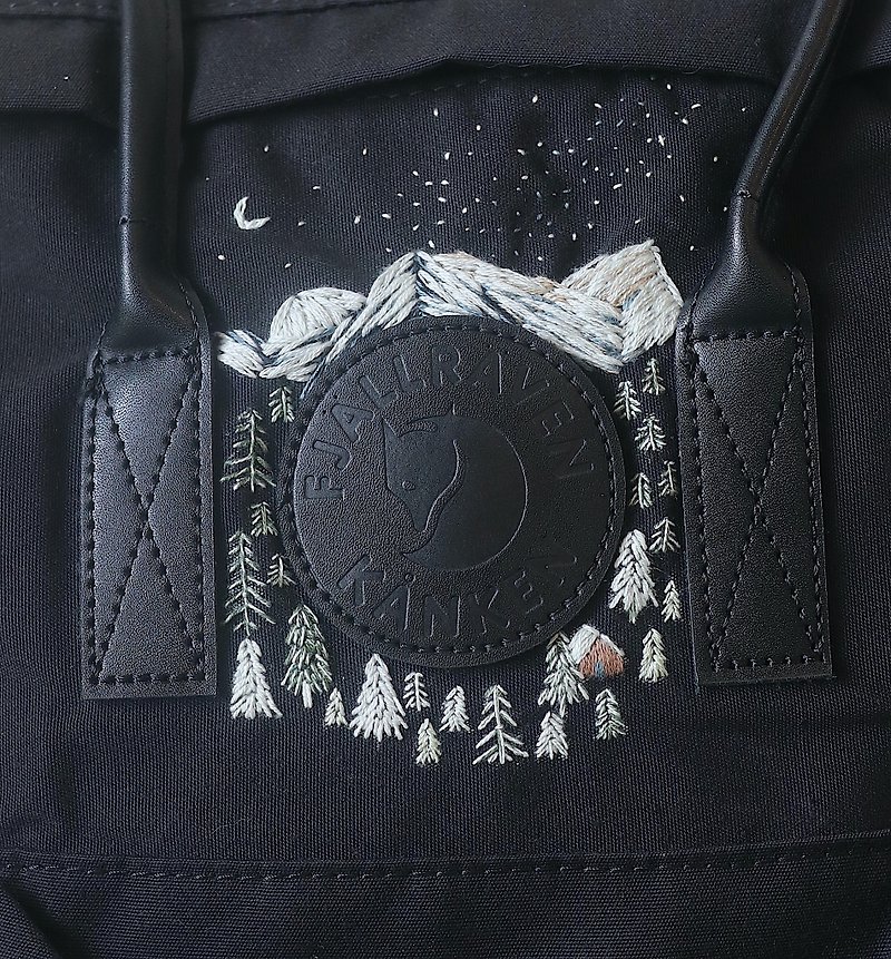 瑞士雪山 小木屋 松树 月亮与星星 /  kanken 全黑皮把 - 后背包/双肩包 - 棉．麻 黑色