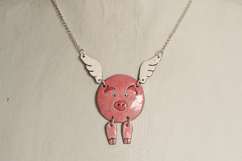 Pig Necklace, Enamel Pig Necklace, Pig With Wings, Flying Pig Necklace, Piggy, - 耳环/耳夹 - 珐琅 粉红色
