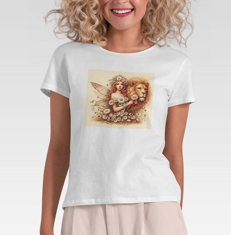 女孩与狮子 tee 复古水彩风 T裇 塔罗 - 女装 T 恤 - 棉．麻 白色