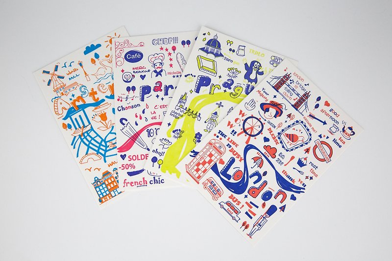 letterpress活版印刷 欧洲城市明信片套装—城市旅行 巴黎、伦敦、阿姆斯特丹、布拉格 - 卡片/明信片 - 纸 多色