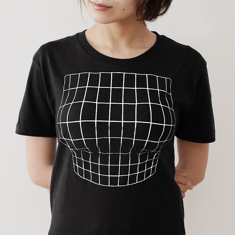 Mousou Mapping T-shirt/ Illusion grid/ Black - 女装 T 恤 - 棉．麻 黑色