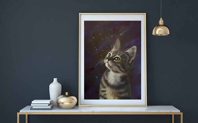 Original Oil Cat Painting On Panel Cosmic Cat Nursery Decor Wall Hanging Art - 墙贴/壁贴 - 木头 多色