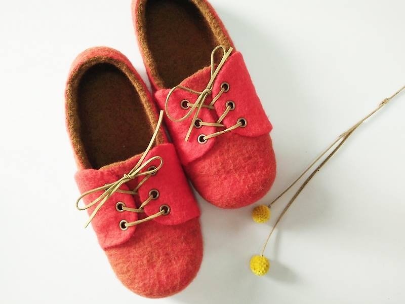 miniyue 羊毛毡大人鞋 橘红 鞋舌绑带 台湾制造 限量手工 - 女款休闲鞋 - 羊毛 橘色